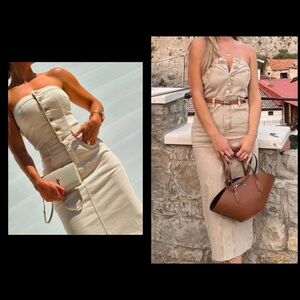 Sincerely Jules Cream and Tan Strapless Dress